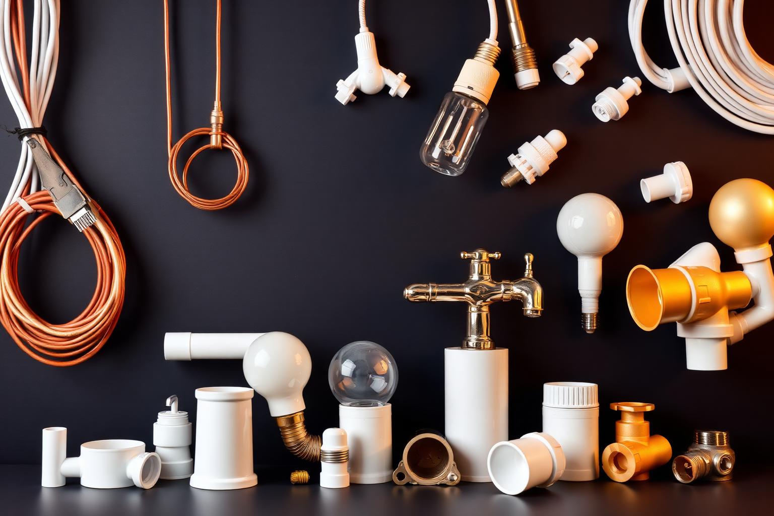 Electrical wires, pipes, taps and bulbs displayed on a dark background